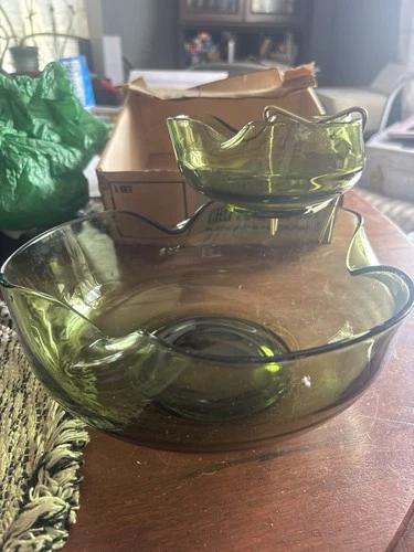 Vintage Anchor Hocking Bowl Set Chip and Dip Avocado Green Crimped Glass