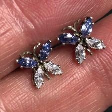 9300 Sterling Silver Butterfly Stud Earrings Blue  Clear Marquise CZ