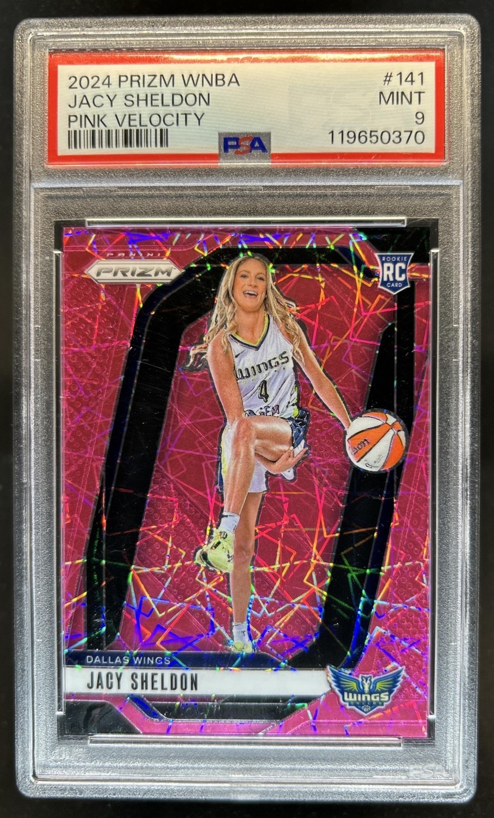 2024 Panini WNBA Prizm Jacy Sheldon RC Pink Velocity Rookie #/79 Wings PSA 9