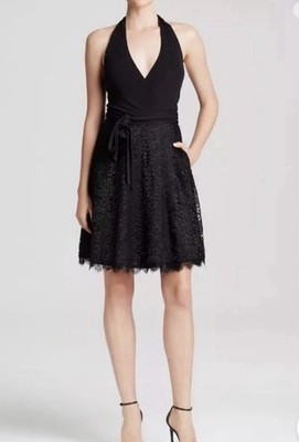 Diane Von Furstenberg DVF Amelia Halter Size 6 Black Metallic Lace Wrap Dress
