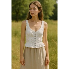 White Cotton Hook Eye Corset Tank Top Ruffle Trim Smocked Back Cottagecore M