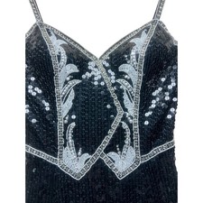 VTG Black Sequins Embellished V Neck Formal Gown Beaded Gala Prom Elegant Size 8