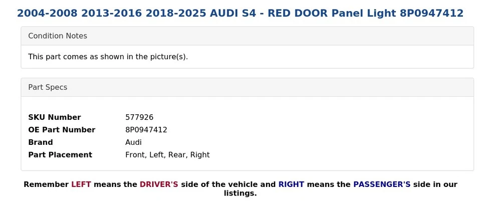 Luz de painel 2004-2008 2013-2016 2018-2025 AUDI S4 - PORTA VERMELHA 8P0947412 - Imagem 4 de 4