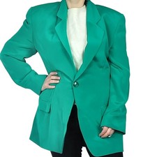 Vintage 100 Silk Blazer Size 8 Green, Long Line Quiet Luxury Brettons Canadian