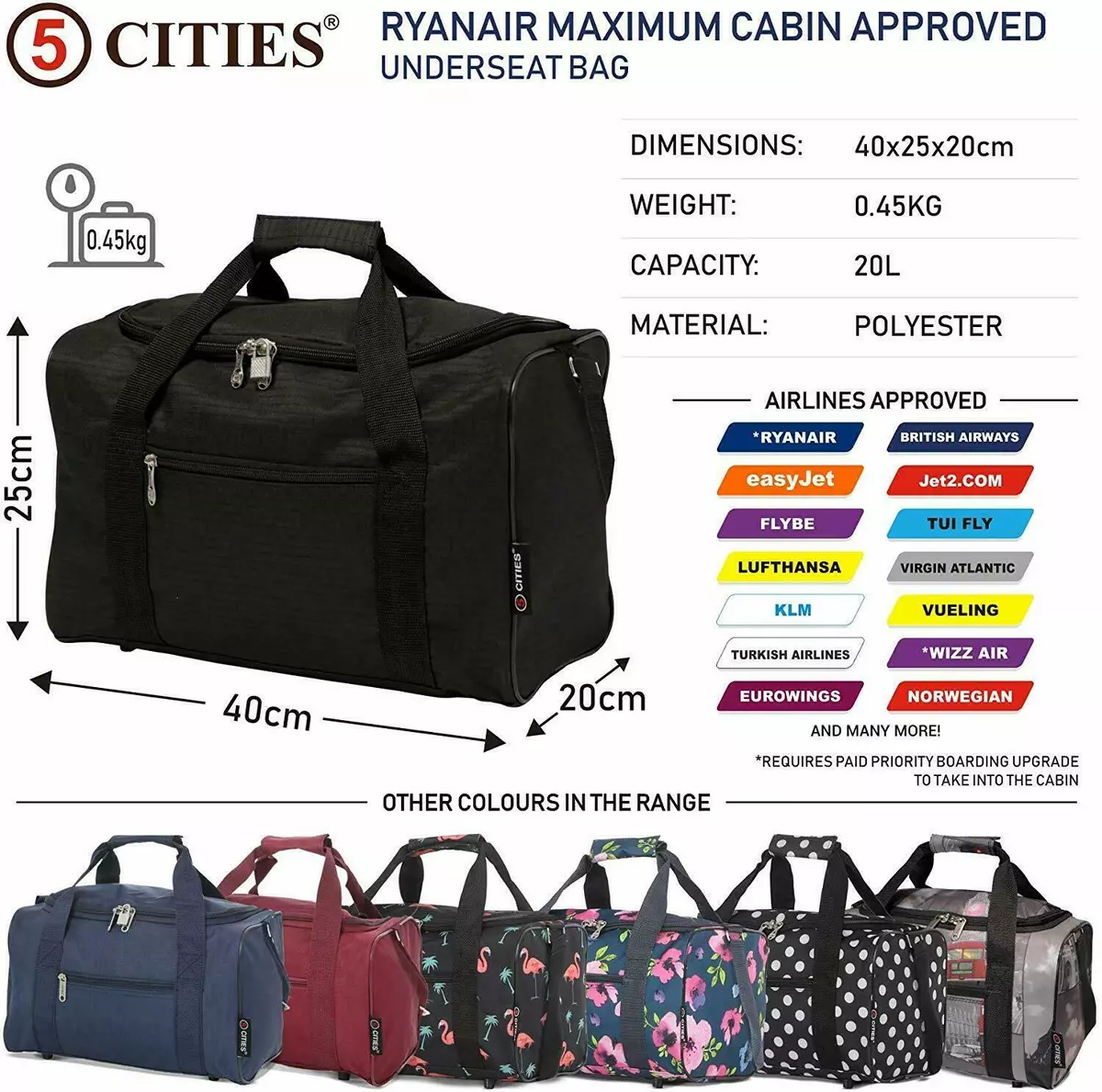 Ryanair 40x25x20 cm Hand Luggage Travel Cabin Flight Bag Under Seat Holdall  Bag