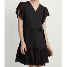 Maette Black Eyelet Embroidered Hem & Flutter Sleeve Wrap Mini Dress Size Large