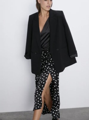 Zara Black Polka Dot Satin Midi Long Skirt Ruched Size Xl REF 4886