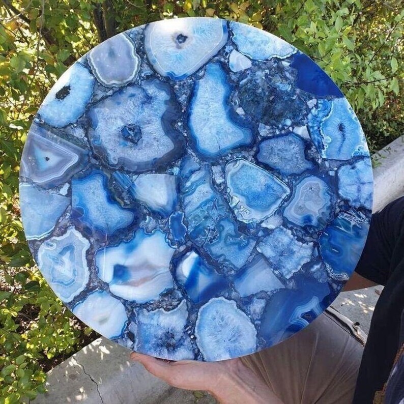 12x12 Blue Agate Round Coffee Table and Serving Tray Handmade Natural Stone Gift for Her