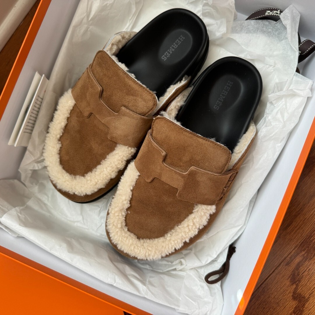 Hermes Suede Goatskin Shearling Go Mules Size 36 Women Slip On | eBay