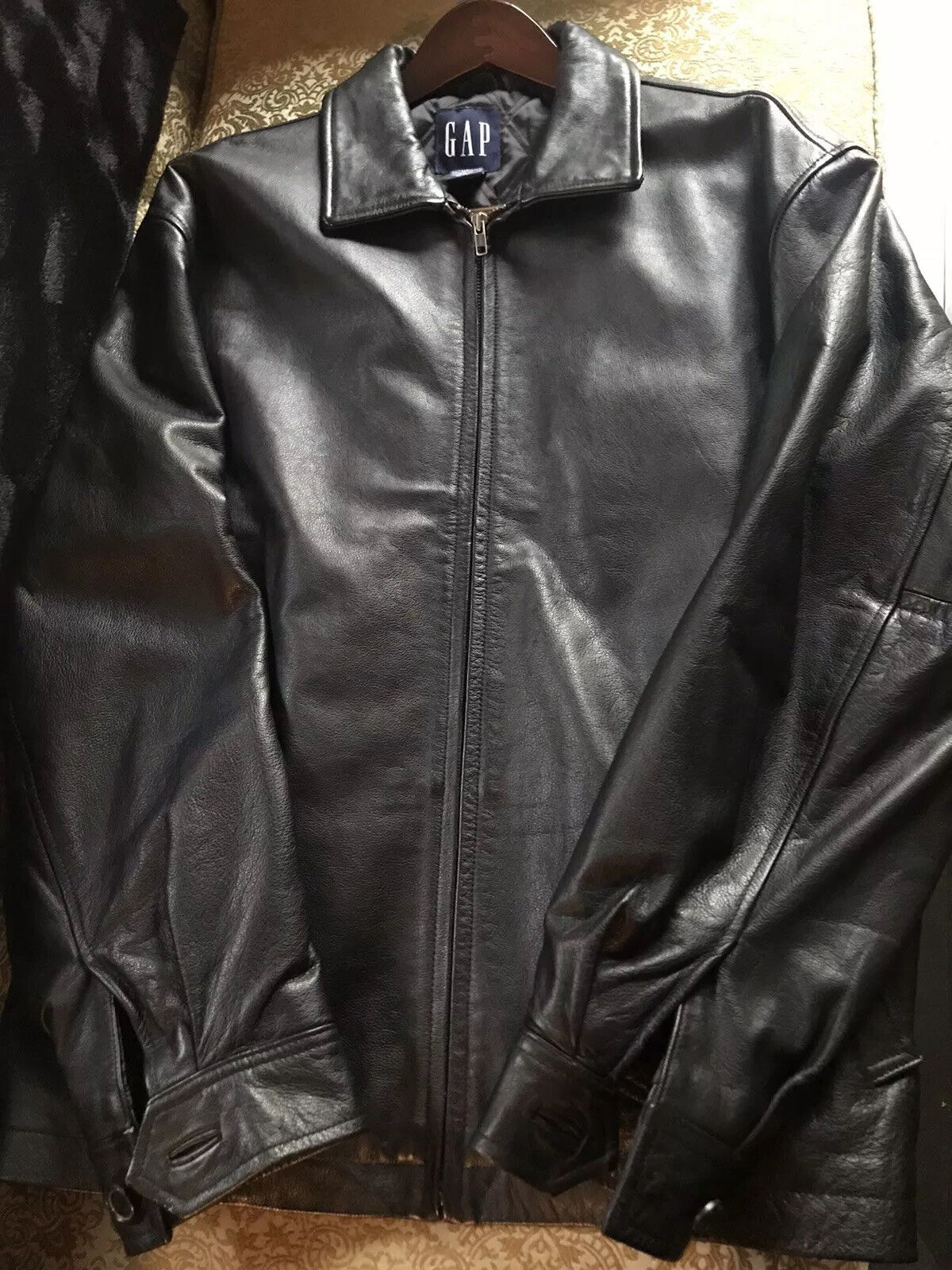 Gap Mens Fine Leather Jacket Black Full Zip Quilted Lining Classic Fall ...