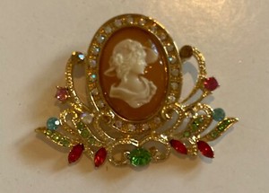 Authentic One of Kind Gold Plated Cameo Pin with Clear Red Pink Green Crystals