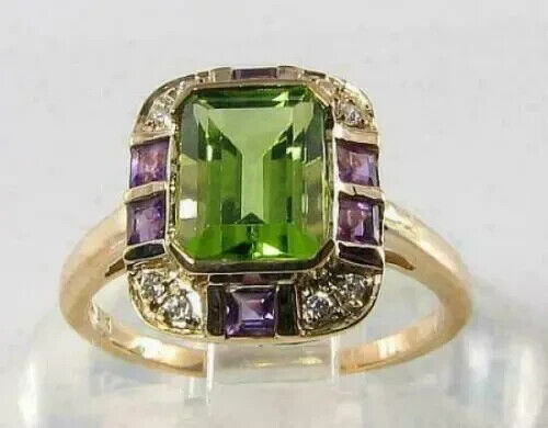 3.0Ct Emerald Cut Simulated Peridot Amethyst Diamond Ring 14K Yellow Gold Plated