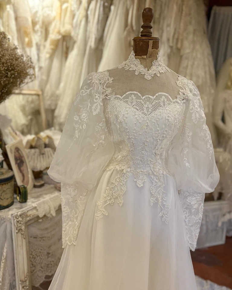 Vintage Muslimisches Hochzeitskleid Spitze Applikationen lange Ärmel fegen Zug - Bild 3 von 4