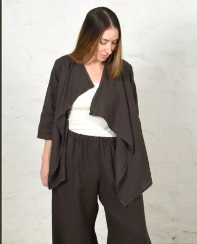 BRYN WALKER Marie Jacket Boho Open Drape Front Linen Havana USA MADE Med