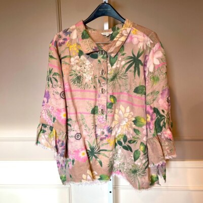 John Mark 3X Linen Floral raw hem button down floral bold lightweight blouse