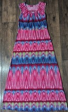 California Woman Bright Pink & Blue Striped Maxi Rayon Dress Size M Colorful