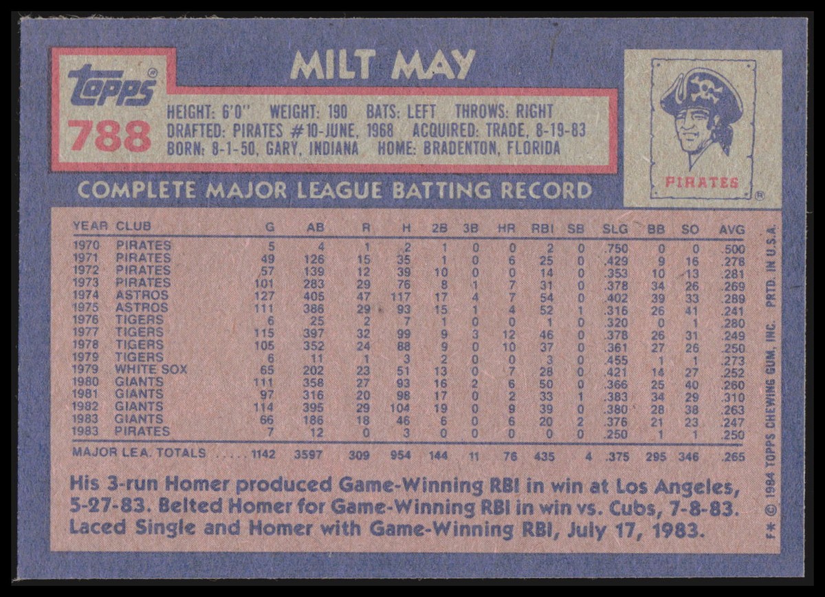 1984 Topps Milt May #788 Pittsburgh Pirates XX | eBay