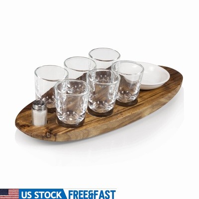 Tequila Shot Glass Set Acacia Wood Tray Lime Salt Shaker Cocktail Gift New