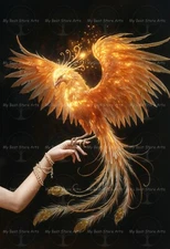 MYSTICAL PHOENIX ART PRINT, Fantasy Hand Poster, Gothic Fire Bird Decor F369