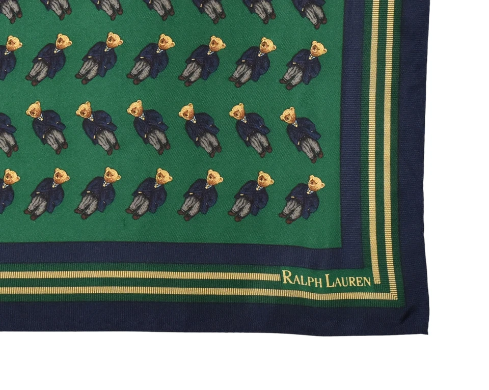 De colección Ralph Lauren Oso de Seda Verde Azul Marino Bolsillo Cuadrado Bufanda Pañuelo Nuevo Foto 2 de 3