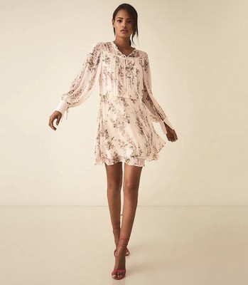 Reiss creme Blumen Hängerchen Kleid UK 12 Chiffon Mini Sommer Smart Freizeit Urlaub