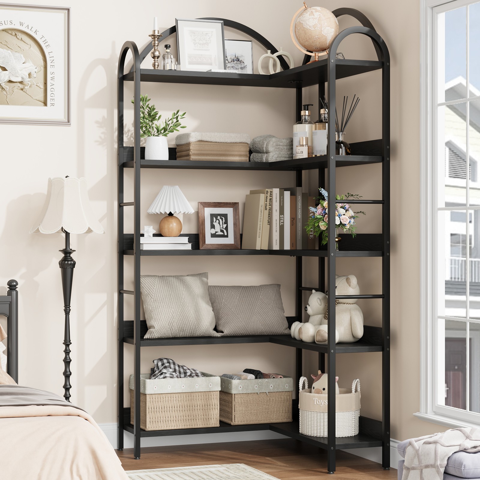 Large 5-Tier Arched L-Shaped Corner Bookcase Storage Shelf for Bedroom Black