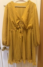 SHEIN Curve Mustard Knee Length Dress 3XL BOHO HIPPIE V-Neck Ruffle Hem Lined 
