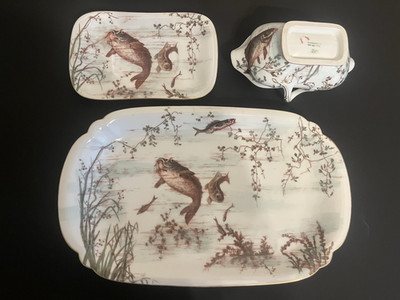 T&V Limoges Ovington Bros. Marguerite Fish Motif Platter And Gravy Boat W/Liner