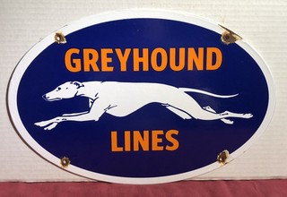 VINTAGE GREYHOUND 16.5” PORCELAIN GAS BUS LINES TRANSPORTATION DOG SERVICE SIGN