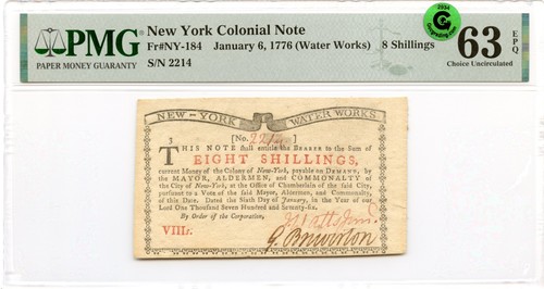 Banconota coloniale New York Fr#NY-184 6 gennaio 1776 8s PMG CU-63 EPQ GCC verde - Foto 1 di 3