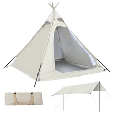 Camping Tent & Sun Canopy 2pcs Set,  4 Person Pop Up Tent w/ 2 Doors, Waterproof