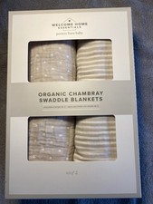 Set/2 Pottery Barn Baby Organic Chambray Swaddle Blankets NWT Gorgeous Taupe