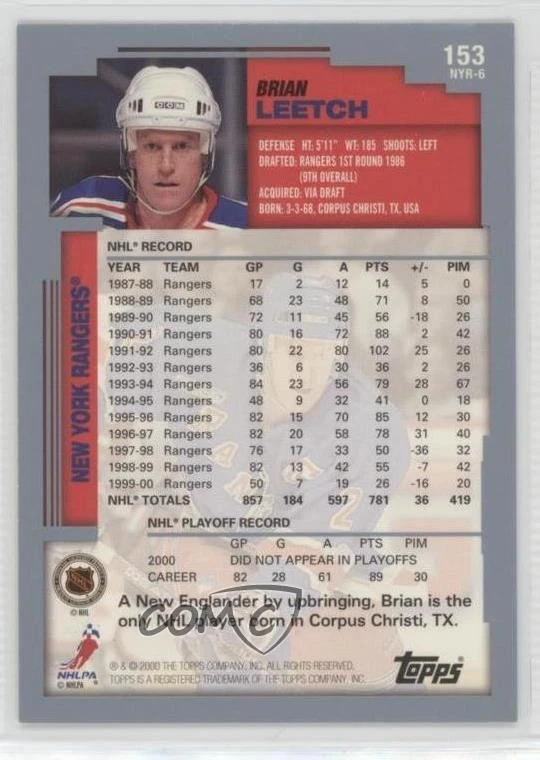 2000-01 Topps Brian Leetch #153 HOF - Image 2 of 2