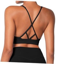 V Neck Strappy Sports Bras for Women Criss Cross Back Halter Yoga Medium Black