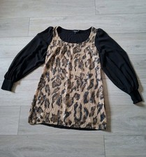 Star By Julien MacDonald Black Tunic Dress Sequinned Leopard Print Stretch UK14