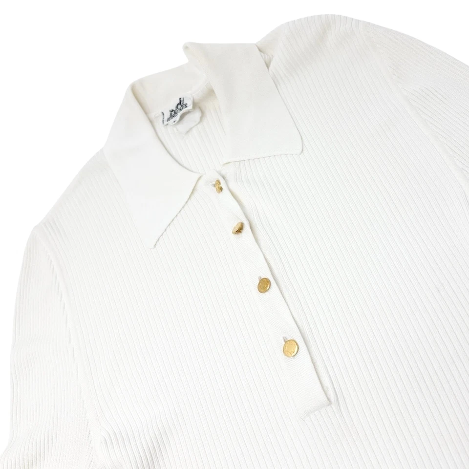 HERMES Vintage Logo Clou de Selle Button Ribbed Knit Polo Top #M White Viscose - Image 4 of 4