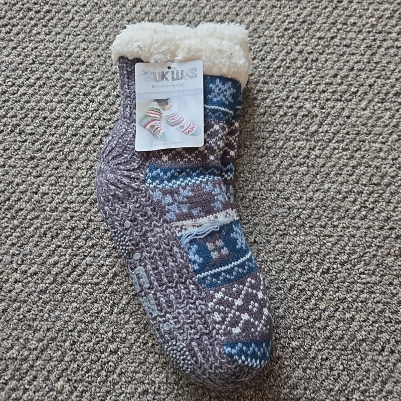 Muk Luks Women's Cabin Sox Socks S/M (5-7) Warm Lined Grey Blue Grip Winter
