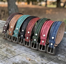 Western Floral Belt 1.5" Handmade Genuine Cowhide Leather With Removable Buckle