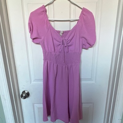 Her & Her Purple Puff Sleeve Scoop Neck Tie Front Smocked Fit & Flare Dress M