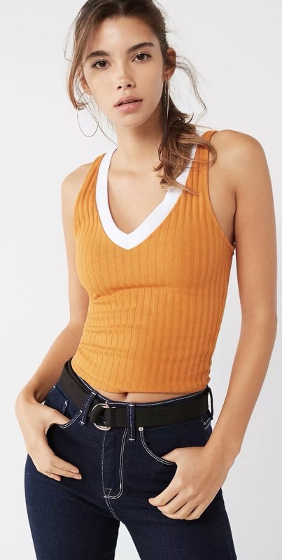 Urban Outfitters M Ribbed Knit V-Neck Tank Orange/White Trim Wide Strap