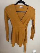 Urban Outfitters Mustard Ribbed Faux Wrap Mini Dress XS Long Sleeve Tie Waist