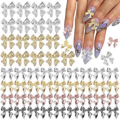 60 Pcs 3D Metal Bow Nail Charms in Gold, Silver, and Gray for Acrylic Nails