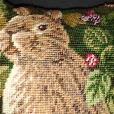 Bunny Rabbit Needlepoint Pillow. Berries, Foliage 9” Square. Velvet Back