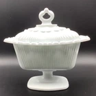 Vintage Indiana Glass Milk Glass Lace Edge Pedestal Lidded Candy Dish, Rectangle