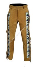 Men Old Style American Western Suede Buckskin Buffalo Leather Long Beaded Pants