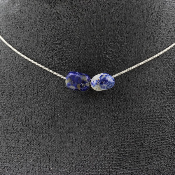 Steine Und MinéRaux. Halskette 2 Perlen Lapislazuli Du Pakistan. Kette Edelstahl-image