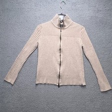 Eddie Bauer Sweater Womens Medium Tan Full Zip Cable Knit Mock Neck Outdoor