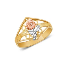 Ioka - 14K Tri Color Solid Gold Rose Flower Ring