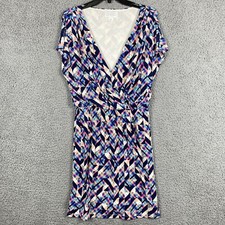 Jessica Simpson Women 6 Colorful Geometric V-Neck A-Line Dress Stretch Short Slv