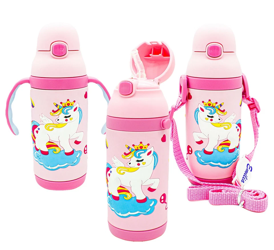 3 in 1 Unicorn Kids Water Bottle Flask Straw Vacuum Insulated Leak Proof Compact - Image 3 of 4